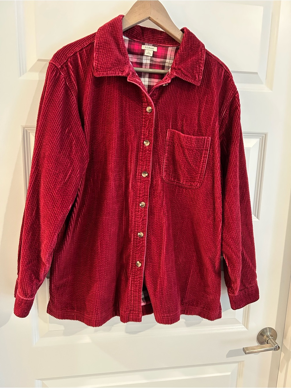 LL Bean Flannel Lined Corduroy Shirt Jacket Burgundy Wide Wale Size L